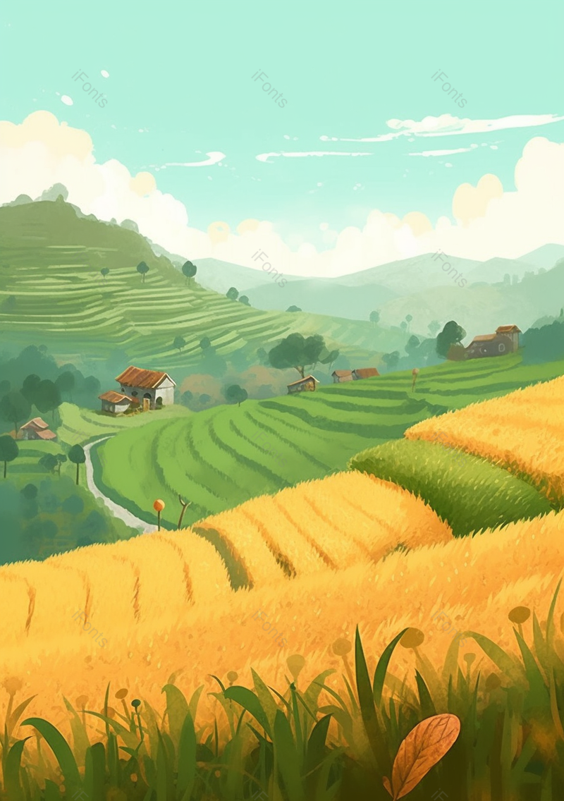 梯田房屋成熟小麦小满节气插画背景,插画/手绘图,插画/手绘图库,插画/手绘图下载,插画/手绘